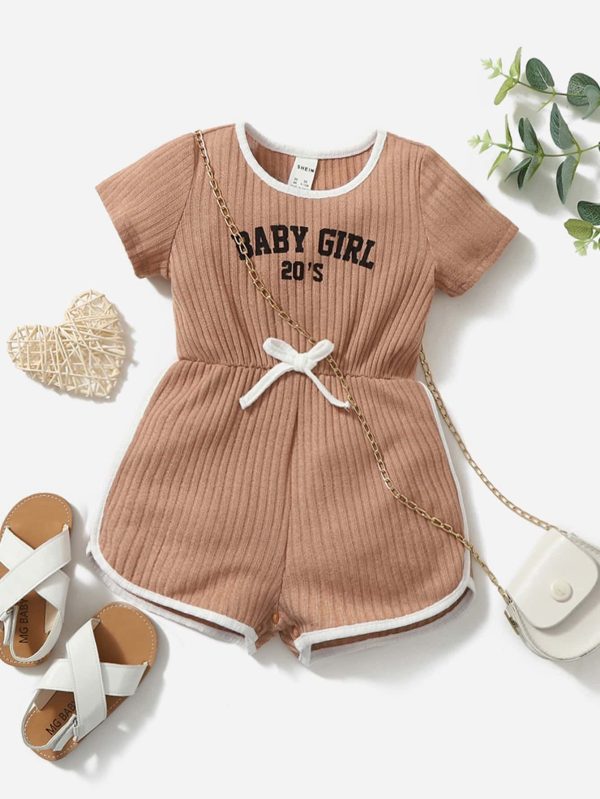 Baby Girl Letter Graphic Contrast Binding Knotted Front Romper