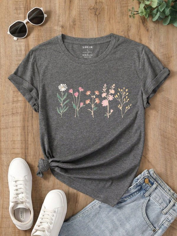 Women's Floral Print Short Sleeve T-Shirt Graphic Tees Women Tops