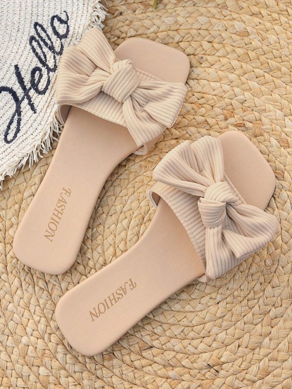 Women's Beige Butterfly Decorated Flat Slide Sandals, Square Toe, Fashionable & Minimalistic, Suitable For Home, Outing & Party, Cute Beach Slippers Valentines