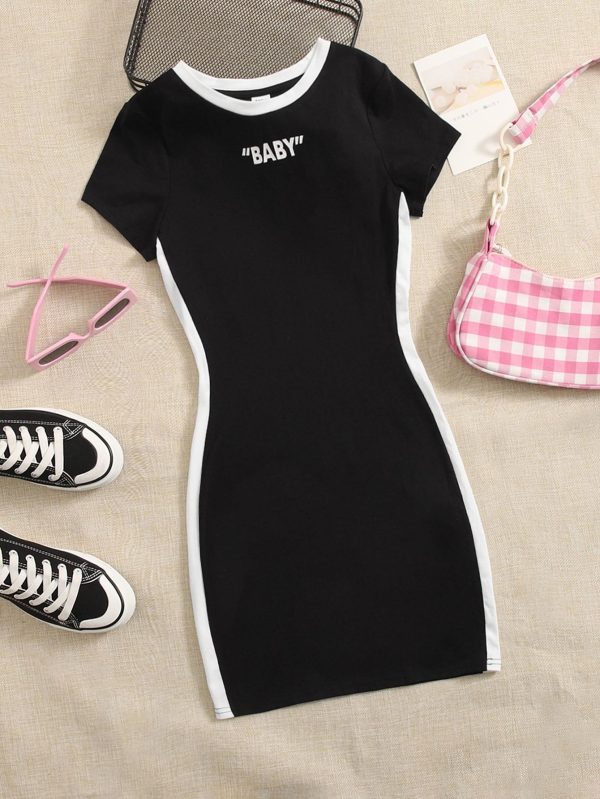 Teen Girls Letter Graphic Contrast Trim Dress
