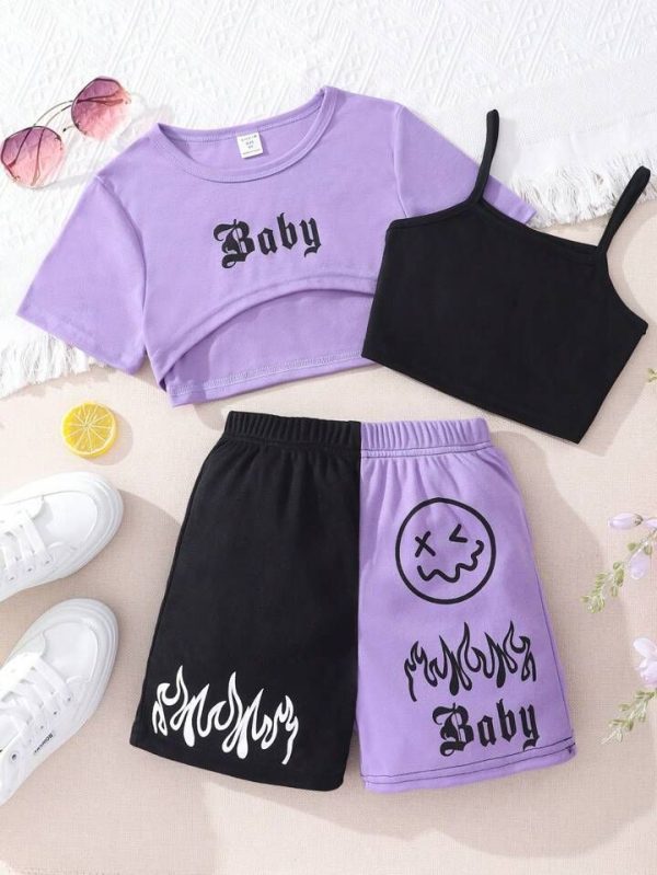 SHEIN Kids HYPEME Girls Crop Tee & Cami Top & Letter & Expression Print Shorts