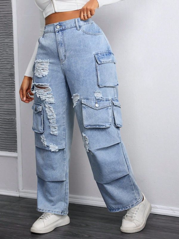 Plus Size Women Cargo Pocket Distressed Straight Loose Casual Boyfriend Jeans