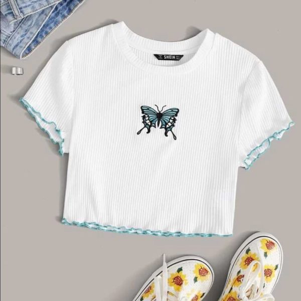 Shein Tops | White Butterfly Crop Top | Color: Blue/White | Size: L