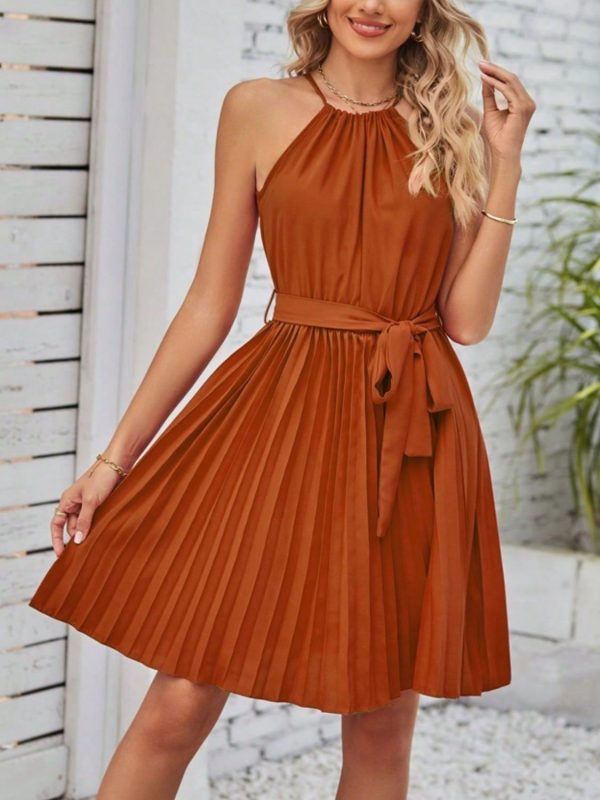 Pleated Tie Waist Sleeveless Mini Dress