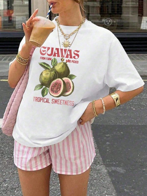 Women's Summer Guava Letter Printed Casual Round Neck Short Sleeve T-Shirt Tops Graphic Tees Women Summer Tops