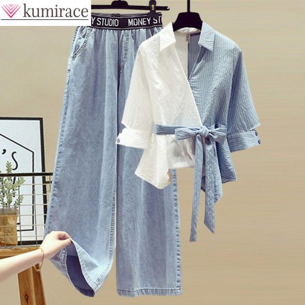 2025 Summer New Stitched Chiffon Shirt Female Set Elegant Women's Jeans Casual Blouse Two Piece Set