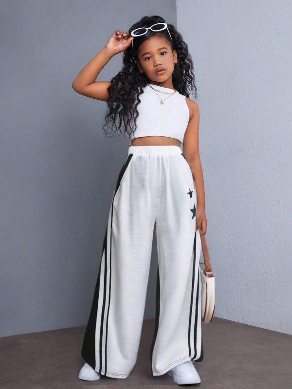 Calça de Moletom Larga com Cordão e Estampa de Estrela em Patchwork Preto e Branco, Estilo Casual e da Moda, Para Meninas Pré-Adolescentes