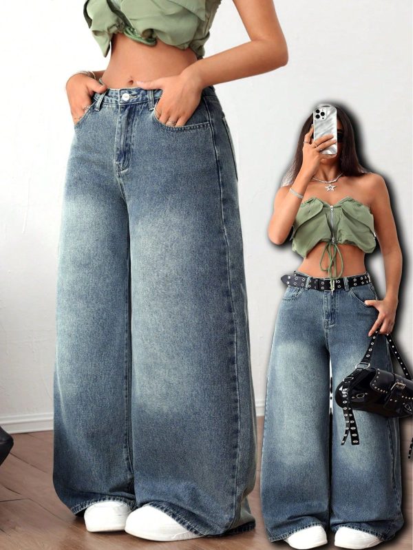 Jeans de mezclilla casual de pierna ancha y acampanada con bolsillos, de corte holgado para mujer