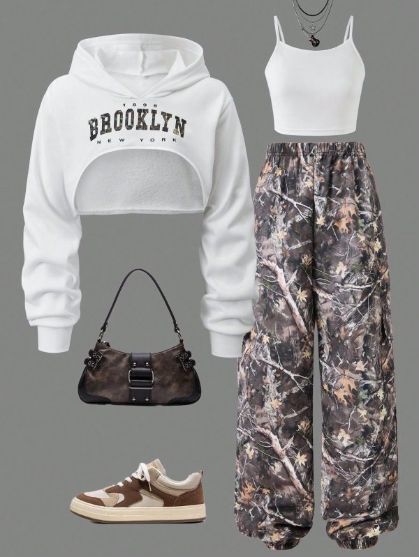 3pcs/Set Girls Casual Outfit: Print Hooded Sweatshirt, Simple Suspender Pants With Dead Tree Branch Print, Comfortable And Fashionable Set For Spring And Autumn