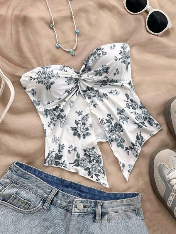 1 pièce Blouse courte bandeau florale pour femme, avec fente à l'avant, Top en soie glacée confortable, idéal pour l'heure du thé, la saison de la remise des diplômes, les superpositions hivernales