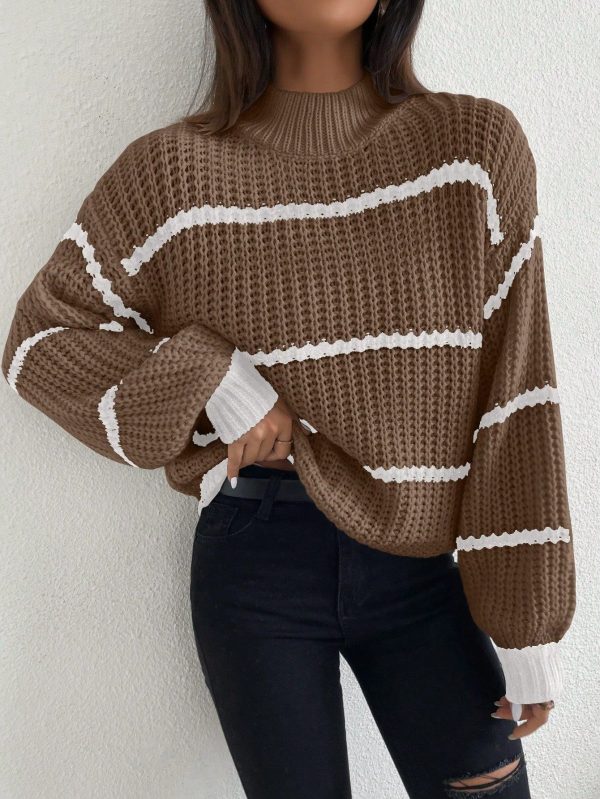 Striped Pattern Drop Shoulder Sweater,Long Sleeve Tops