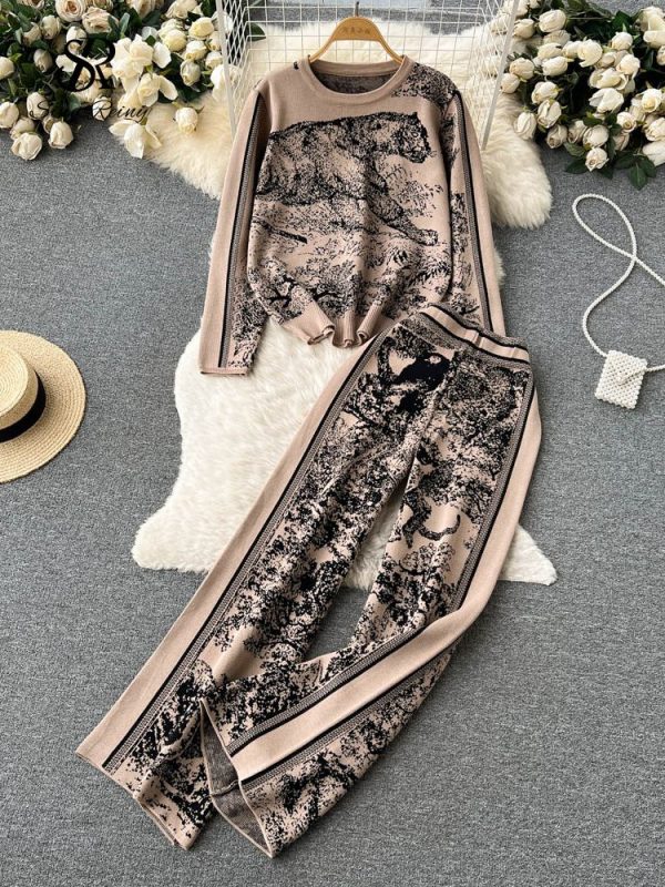 Zingj Winter Knitted Print Sets Women O Neck Long Sleeve Knitwear+Wide Leg Long Pants Fashion Retro Sweater Two Pieces Suits khaki-One Size