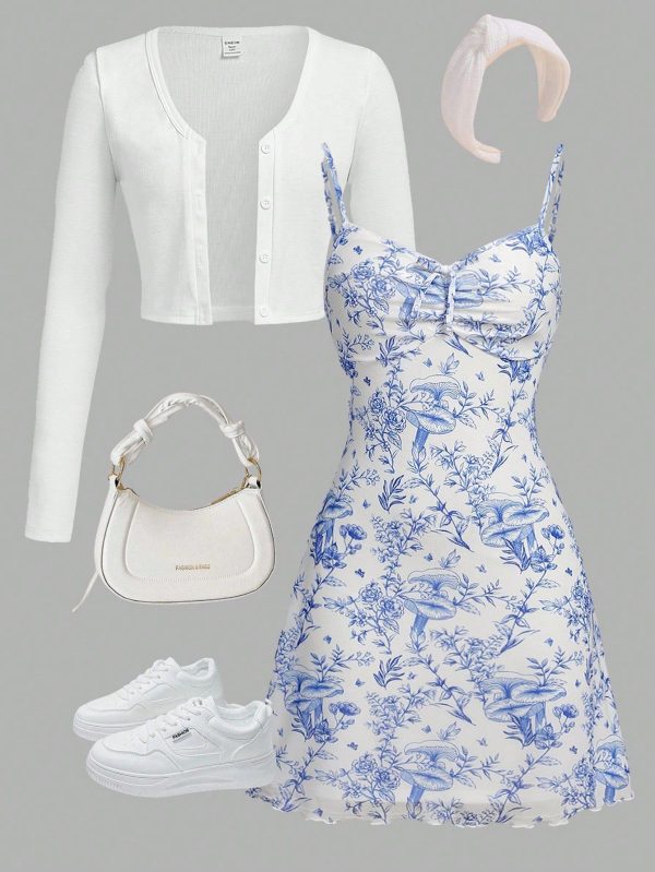 2pcs Teen Girls Knit Solid Color Long Cardigan & Floral Strap Dress Casual Outfit