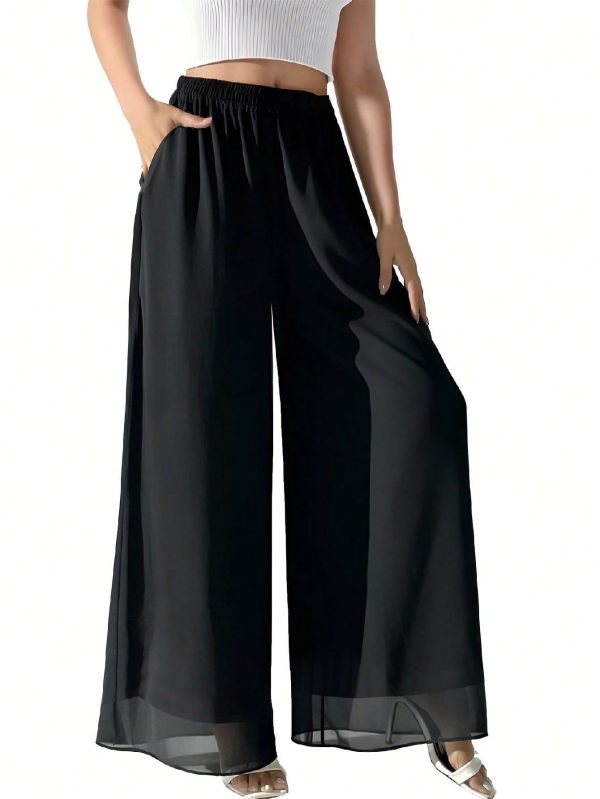Ladies Elastic Waist Chiffon Beach Double Wide-Leg Pants