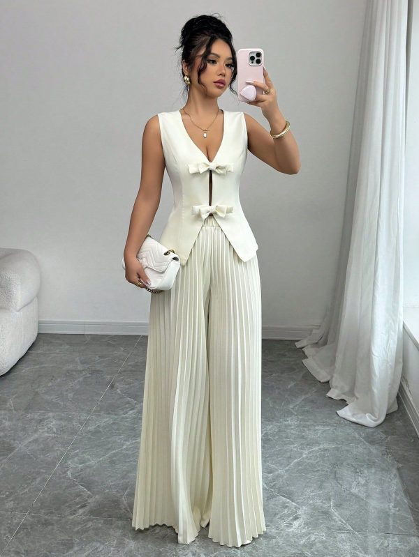 2pcs/Set Women Solid Bow Decor Sleeveless Top & Pleated Wide Leg Pants Set