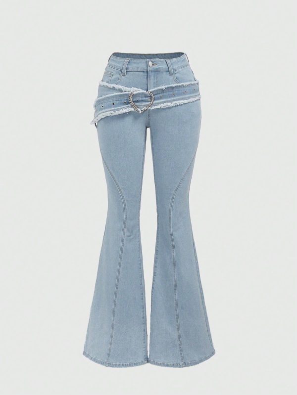 Women's Flared Jeans With Rhinestone Heart Ring Decoration, Frayed Hem And Trim, School