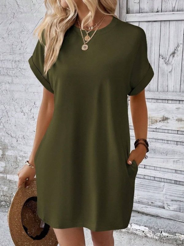 Loose Short Sleeve Dress With Pockets Summer Casual Solid Color Round Neck Straight Dresses Womens Clothing - Blue / L