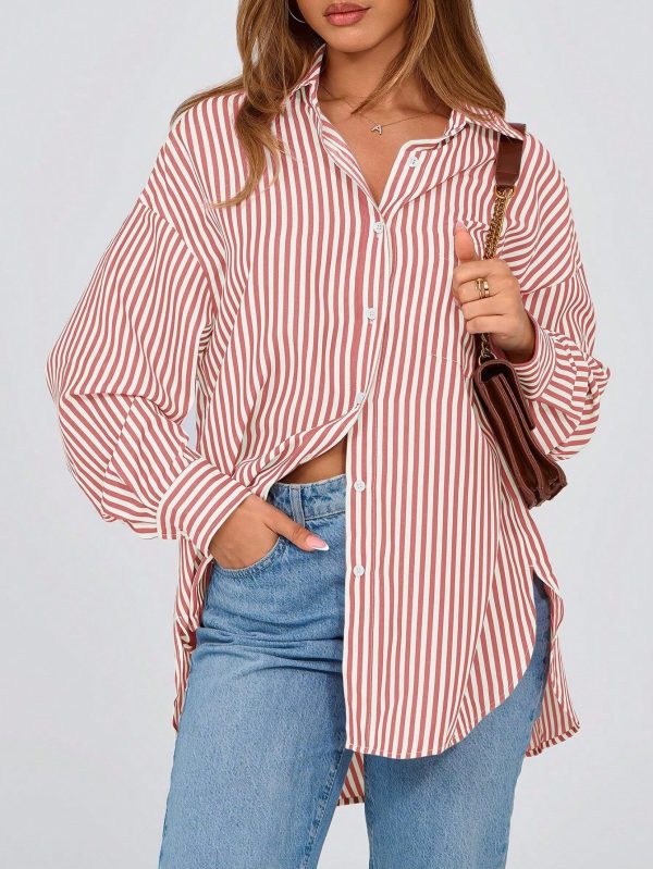 Women's Button-Down Shirt Spring And Fall Dress Striped Collar Long Sleeve Casual Office Work Shirt Top Pocket