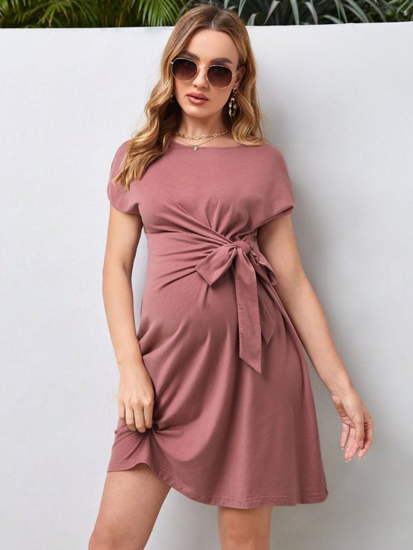 Maternity Batwing Sleeve Knot Front Dress
