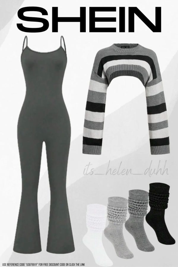 SHEIN comfy lounge outfit, outfit idea, black, grey and white, slouch socks, jumpsuit outfit, cozy