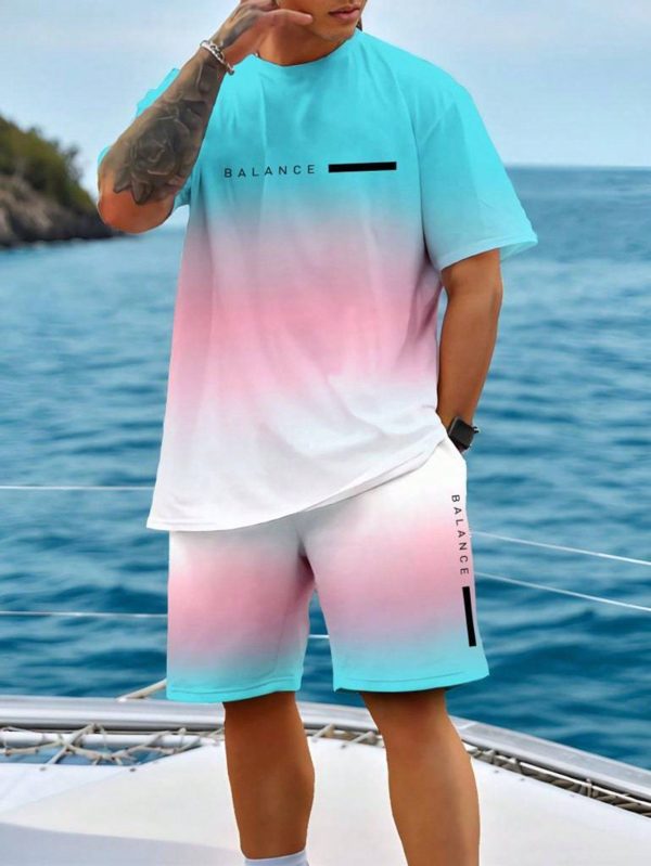 2pcs/Set Men Letter Print Round Neck Short Sleeve T-Shirt And Shorts, Casual Outfit