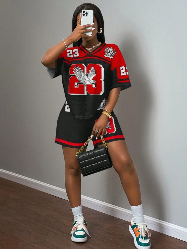 2pcs Women's Casual Eagle Letter V-Neck Short Sleeve Shorts Set, Suitable For Summer