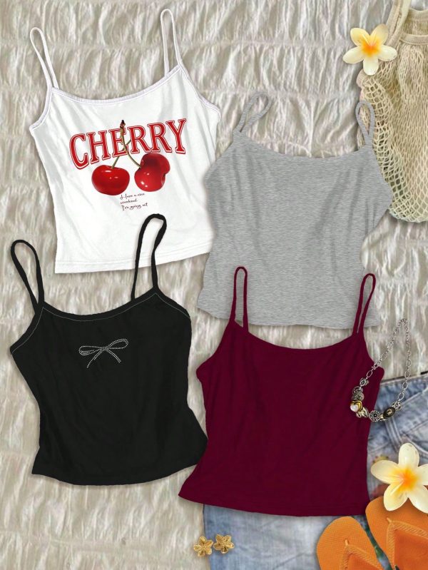 4pcs Women's Bowknot And Cherry Print Form-Fitting Cropped Casual Camisole, Suitable For Summer