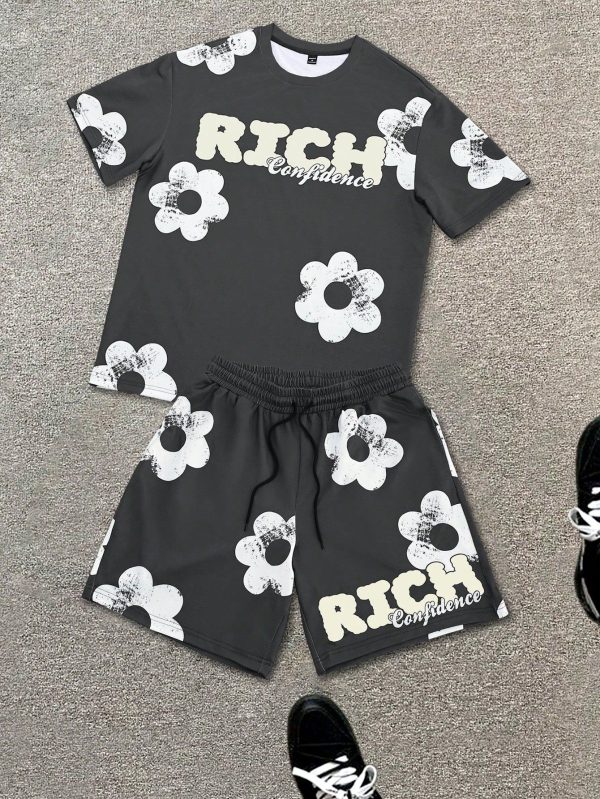 Men's Casual Floral Print Short Sleeve T-Shirt And Shorts Set, Summer