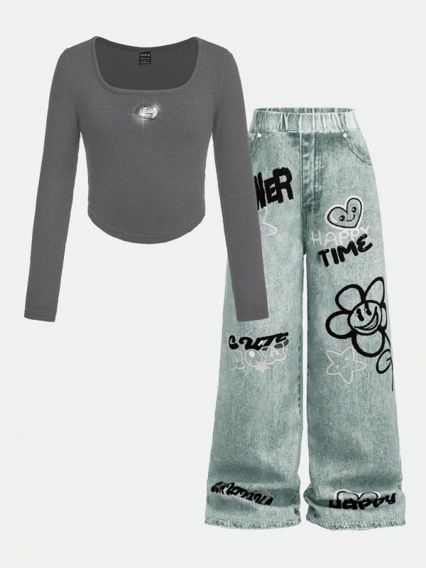 2pcs Women Spring New Slim Fit Square Neck T-Shirt And Printed Pants Set