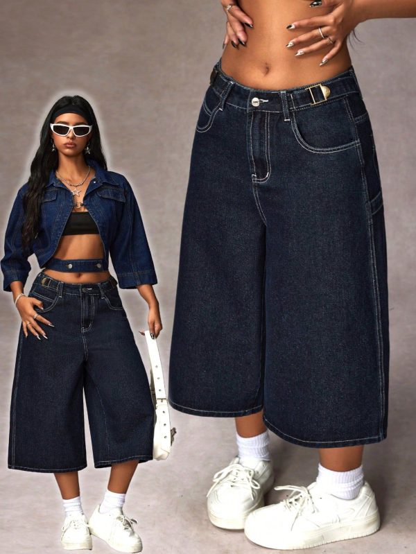 Women's Pocketed Wide Leg Loose Capri Denim Jeans