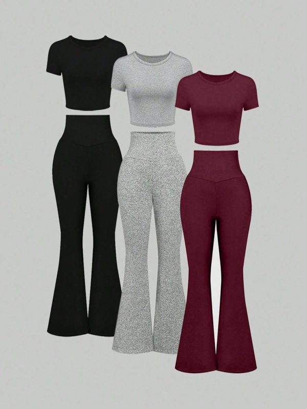 3pcs Set Round Neck Short Sleeve Crop Top And Adjustable Waist Flared Fleece Pants, Casual
