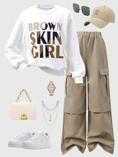 SHEIN 2pcs/Set Tween Girl Letter Print White Sweatshirt & Khaki Cargo Pants Casual Street Fashion Outfit | SHEIN USA