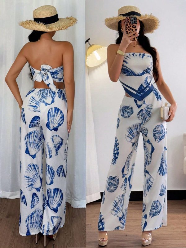 2pcs Set Vacation Casual Tube Top With Elastic Waist Blue & White Printed Pants, Spring/Summer