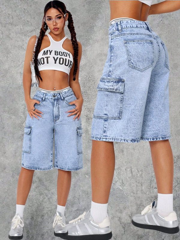 Fashionable Denim Shorts With Pocket Design, Washed