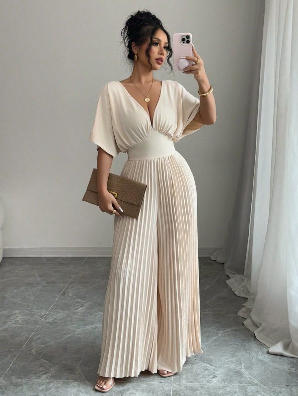 Solid Color Deep V-Neck Batwing Sleeve Pleated Elegant Jumpsuit For Women