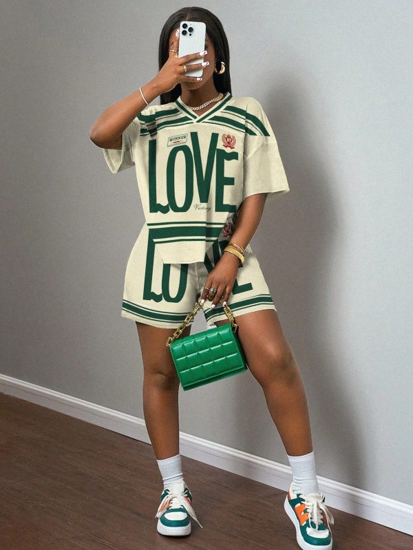 2pcs/Set Women Casual "Love" Letter Striped Print Loose V-Neck T-Shirt And Shorts 2025 Spring/Summer