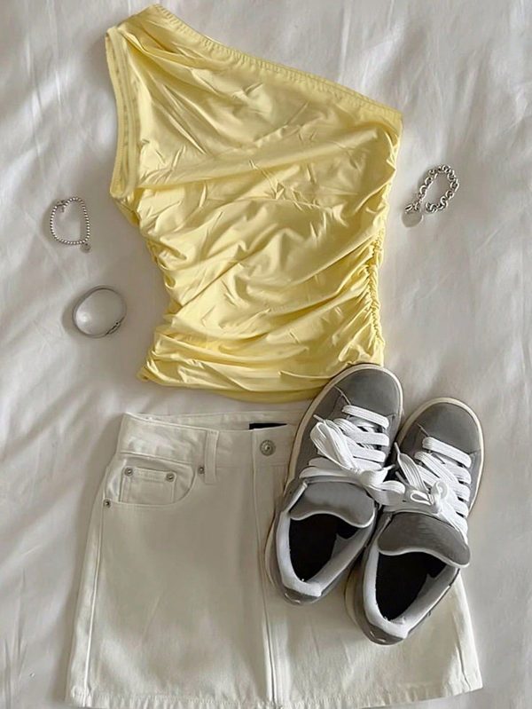 Yellow Asymmetrical Neck Blouse, Fashion For Summer