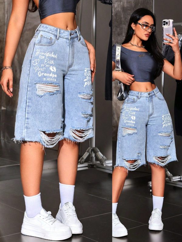 Women's Fashionable Loose Distressed Denim Shorts