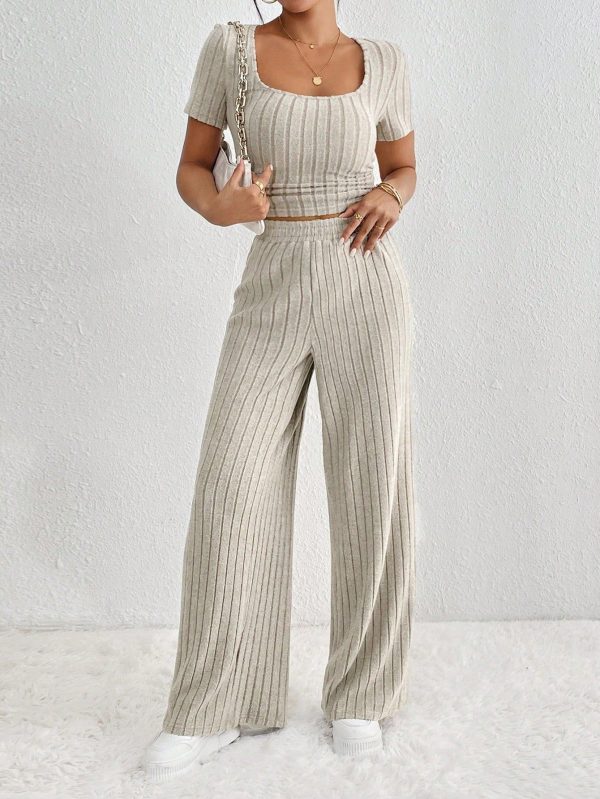 Women's Square Collar Short Sleeve T-Shirt And Elastic Waist Wide Leg Pants Casual 2pcs/Set, Back To School Clothes, Fall Women Clothes, Old Money Style, Teacher Clothes, Pajama Pants, Casual Women