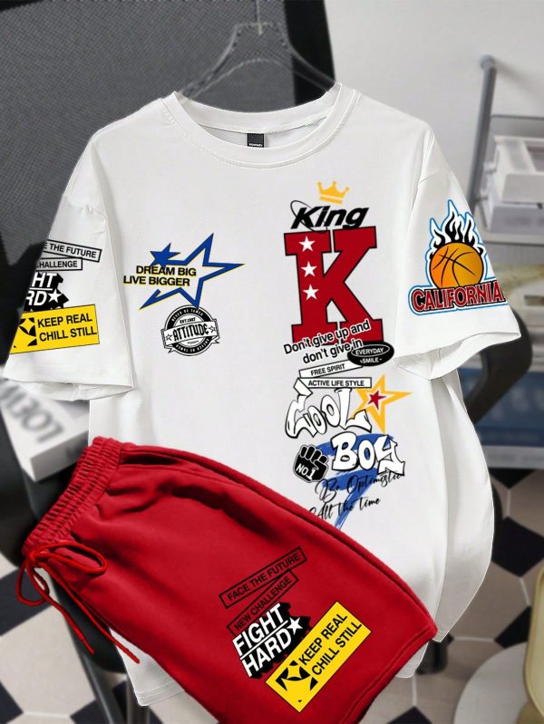 Men's Casual Slogan Print T-Shirt And Shorts Set, Summer