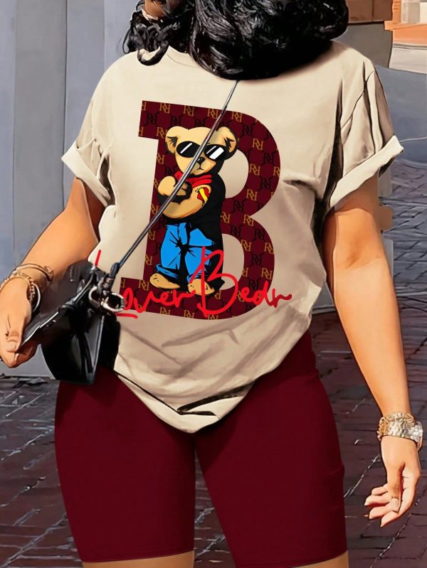 2pcs/Set Bear Letter Printed Crew Neck Short Sleeve Top And Shorts Outfit