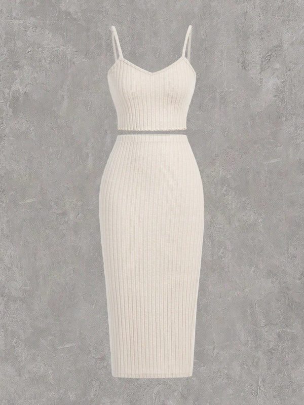 Apricot Knitted Bodycon Cami Top And Skirt Set