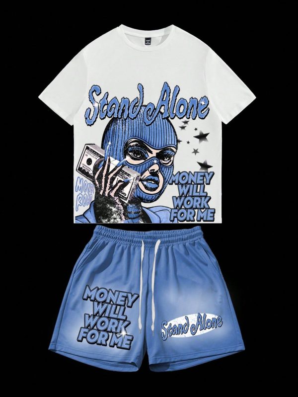 Men's Slogan & Figure Print Round Neck Casual T-Shirt And Drawstring Waist Shorts Set