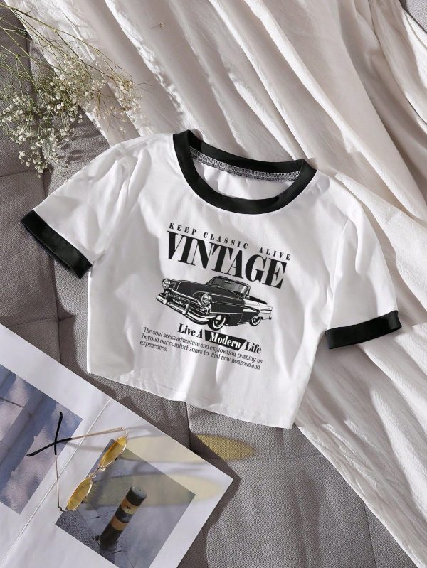 Women's Casual Contrast Color Patchwork Car Slogan Print T-Shirt, Summer