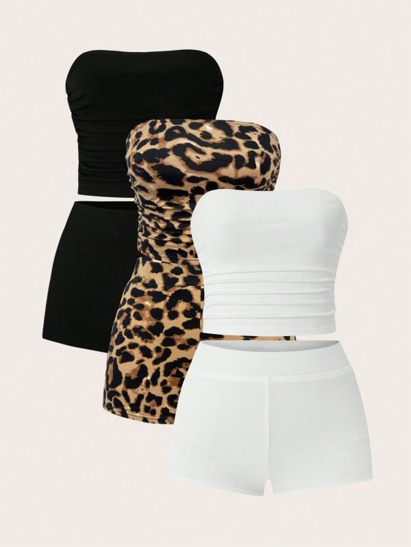 2pcs/Set Women Solid & Leopard Print Bandeau Top + Shorts Set For Casual Daily Wear, Multiple Colors