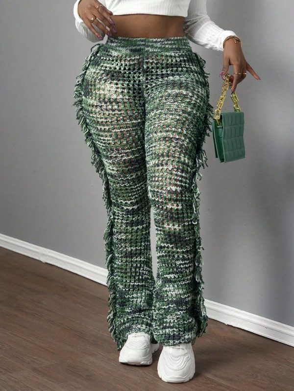 2024 New Autumn/Winter Women Loose Flare Long Knitted Tassel Pants, Casual Streetwear Fashion