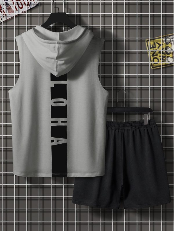 Men Letter Graphic Colorblock Drawstring Hooded Tank Top & Shorts