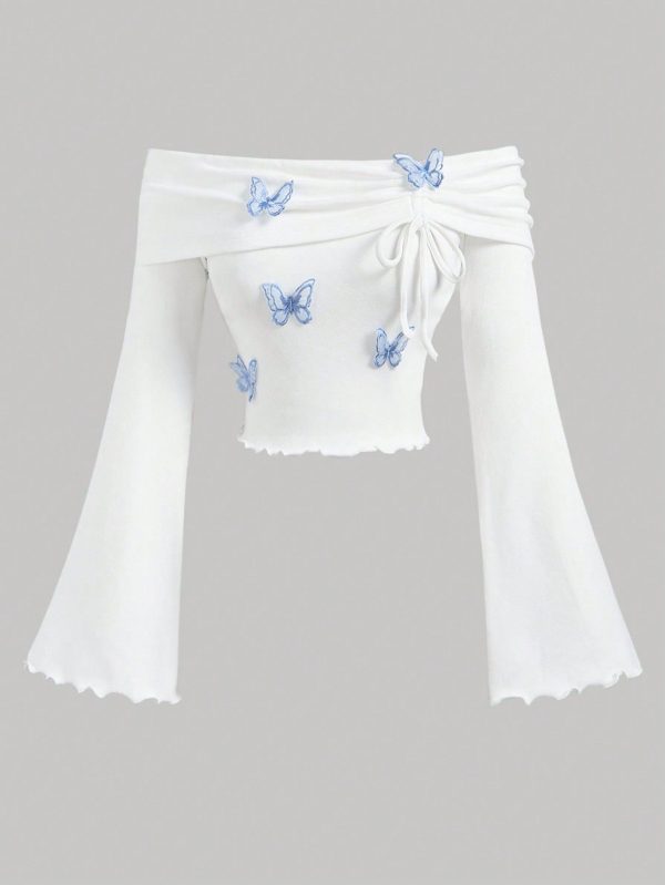 Teen Girl White Knit Off Shoulder Flare Sleeve Top With 3D Butterfly Drawstring Bow, Elegant Artistic Aesthetic, Suitable For Valentine's Day