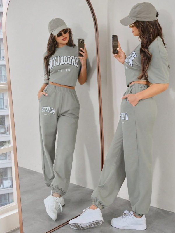 Women's Casual Letter Printed Short Sleeve T-Shirt And Jogger Pants Set, Summer 2 Piece Set