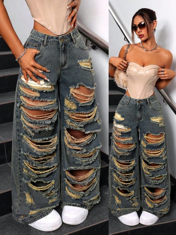 Women's Fashionable Distressed Loose Fit Straight Leg Jeans
